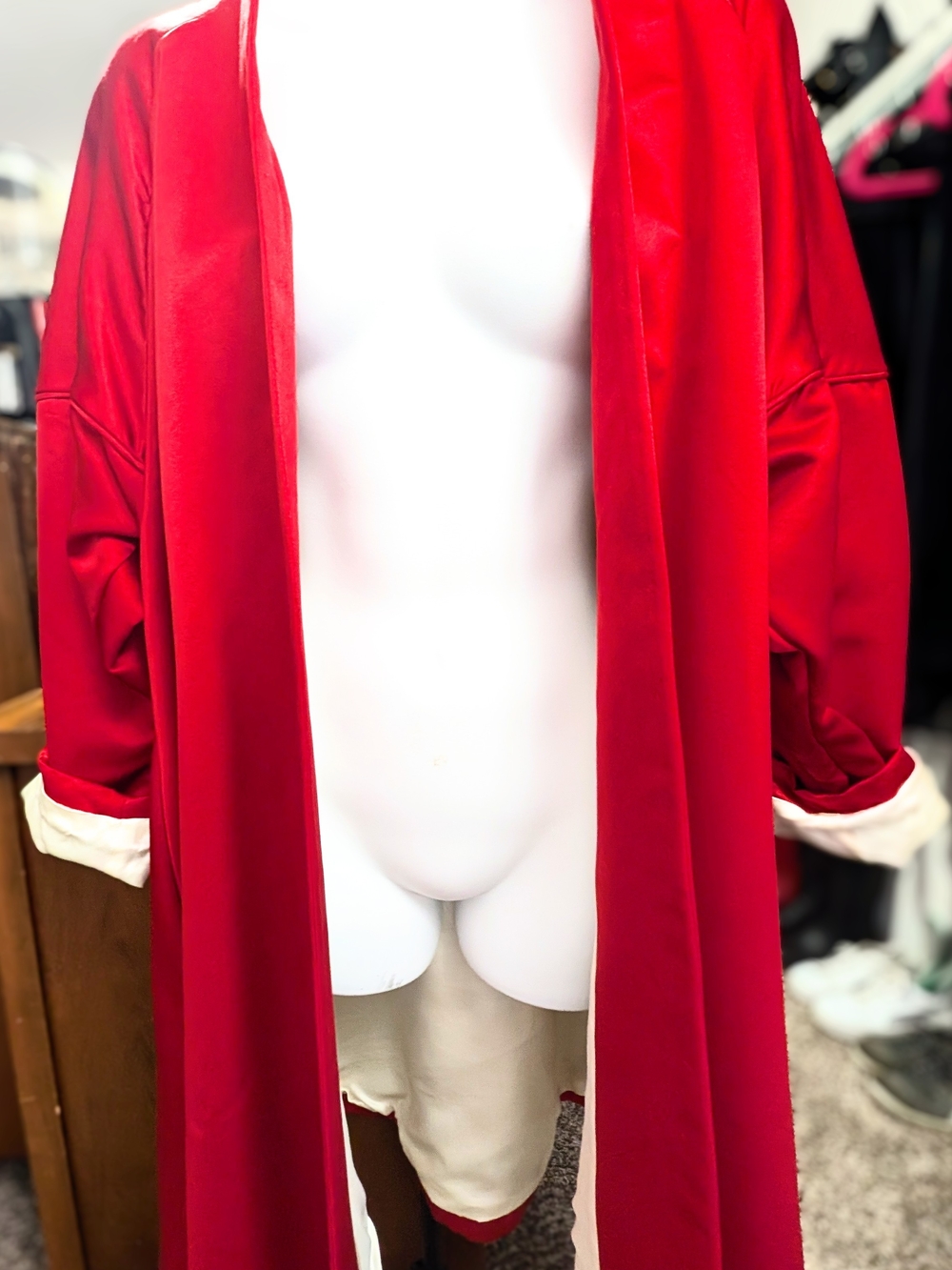 Open-Front Red Draped Cape with Cream Cuff Accent